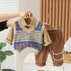 Autumn Children Clothing Sets for Baby Boys Knitted Vest Shirt Pants Infant Clothes Outfits Retro Style Toddler Kids Tracksuit