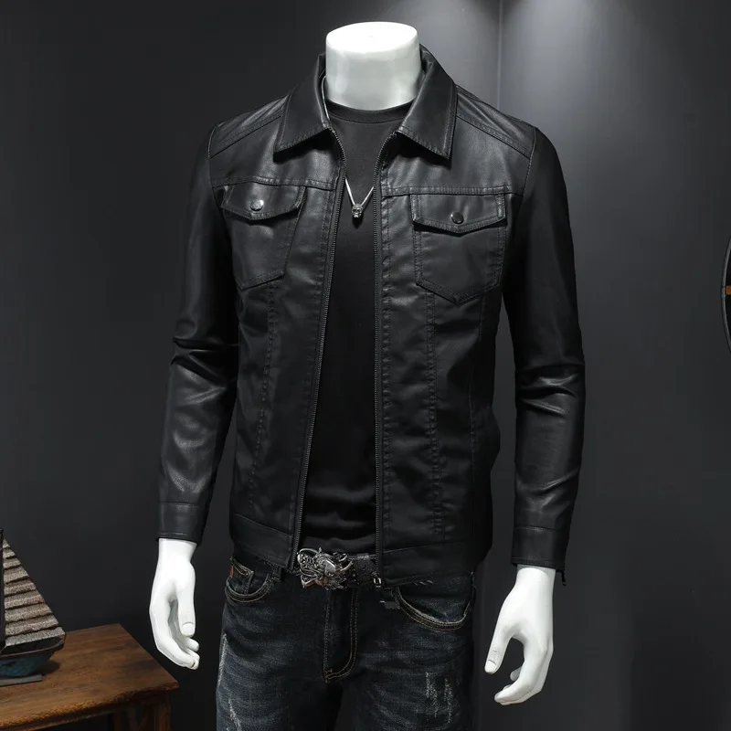 Jaket kulit motor pria, mantel kulit PU pria kualitas tinggi, Slim Fit Korea, Saku, ukuran besar, ritsleting, HITAM