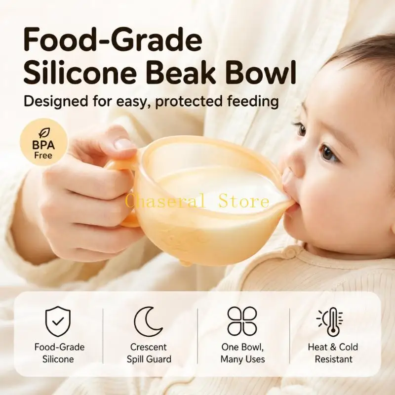 E7CE Baby Feeding Bowl for Complementary Foods with Tapered Spout, Integrated Handle, Soft Silicone Body, and Embossed Animal