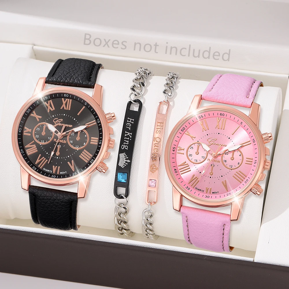 4-Piece/Set Women\'s Fashionable Luxury Light Luxury Quartz Watch PU Leather Strap Couple Watch Holiday Gift