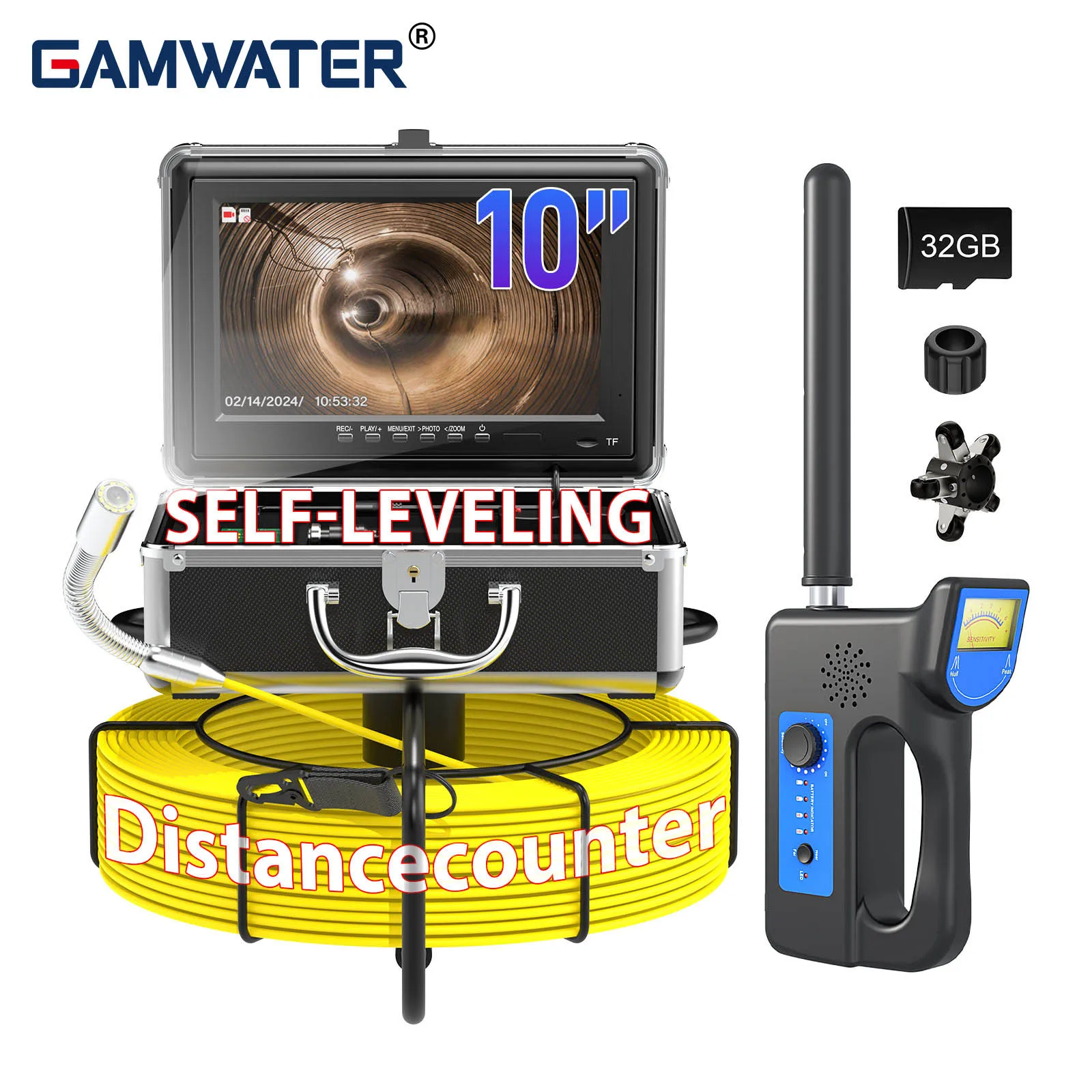 

10″ Sewer Pipe Inspection Camera with 512Hz DVR 32GB, 23mm Self Leveling Endoscope Waterproof 4500mAh Battery 30/50M 7mm Cable