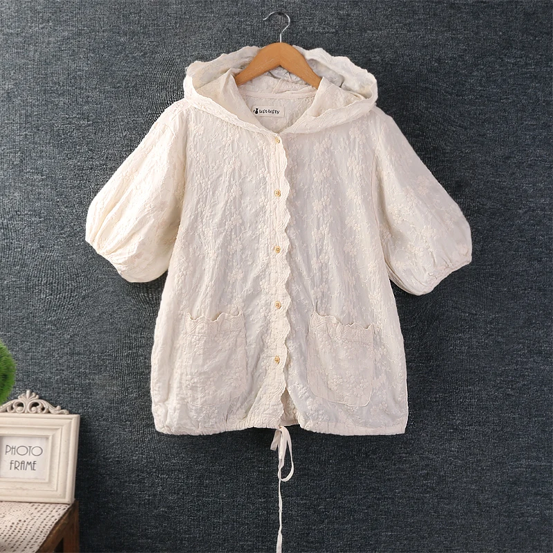 

Summer New Sweet Mori Girl Embroidery Cotton Hooded Shirts Women Solid Color Single Breasted Casual Loose Outwear Shirts Tops