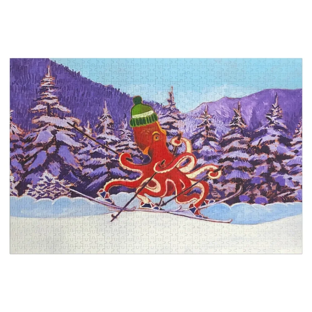 Octopus Skiing Art Print, Art for Kids Room, Cross-Country Skiing, Animals Skiing, Gift for Skier, Encouragement P Jigsaw Puzzle