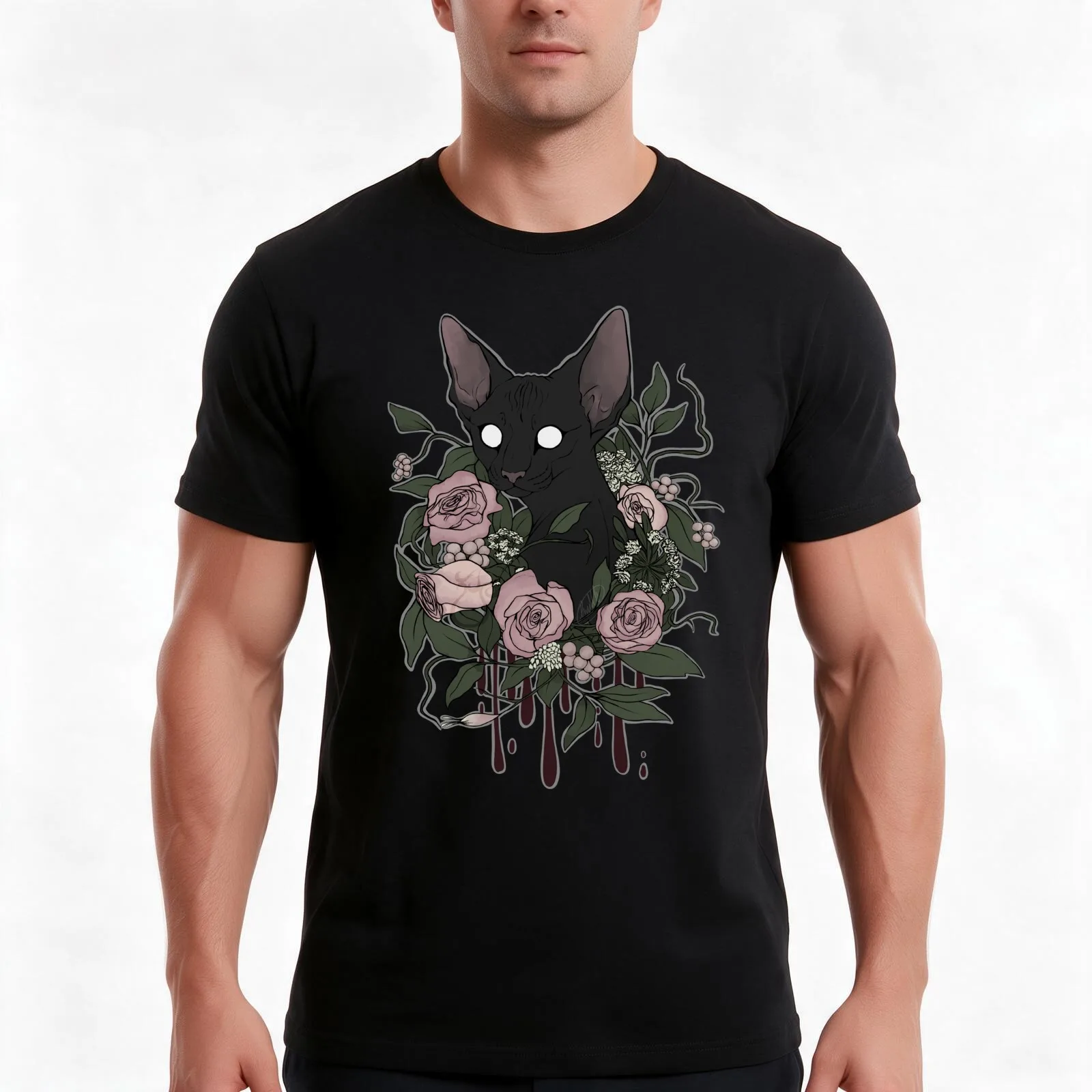Dark Floral Feline T-Shirt, Summer Casual Cotton Tee, Oversized Streetwear Tops, Vintage Graphic Print, Loose Fit Short Sleeve