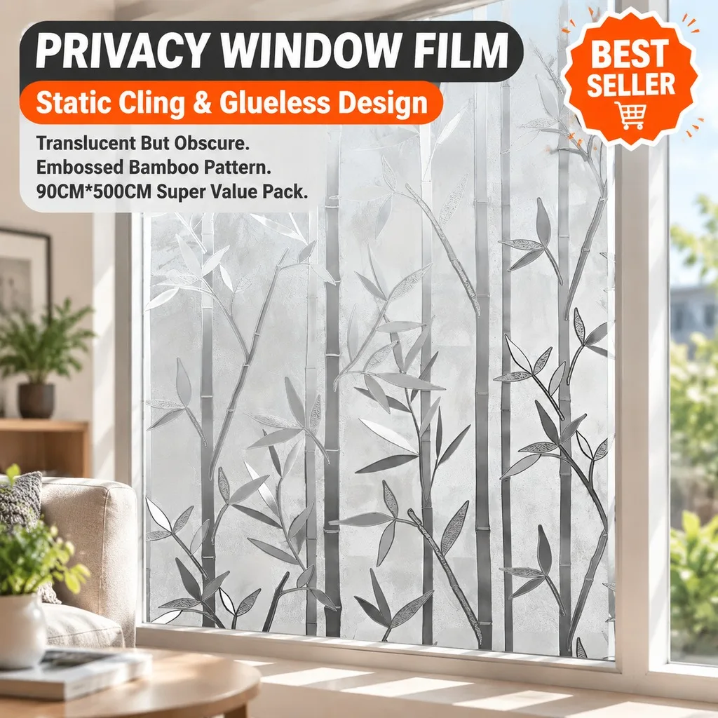 Bamboo Pattern Privacy Window Film Roll 90cm x 300cm Frosted Static Cling No Glue UV Block for Bathroom Home Office