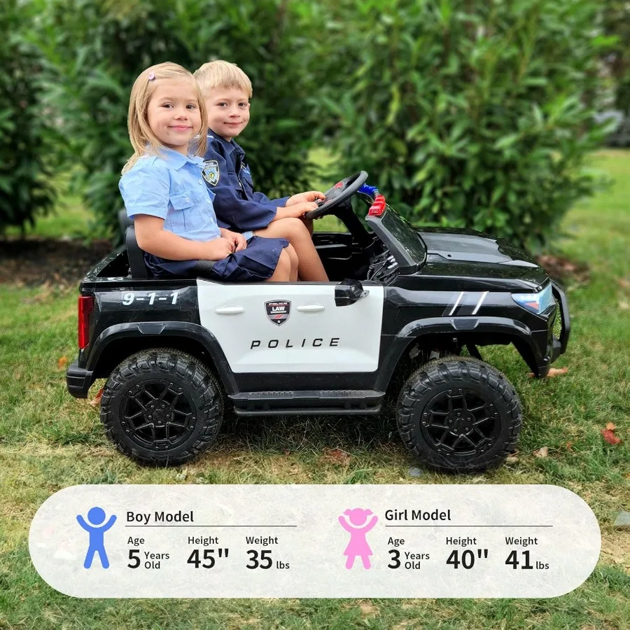 Carro de polícia elétrico para 2 lugares 24V 10AH Ride on Toy para grande com controle remoto 4x200W motores 5mph velocidade máxima - preto