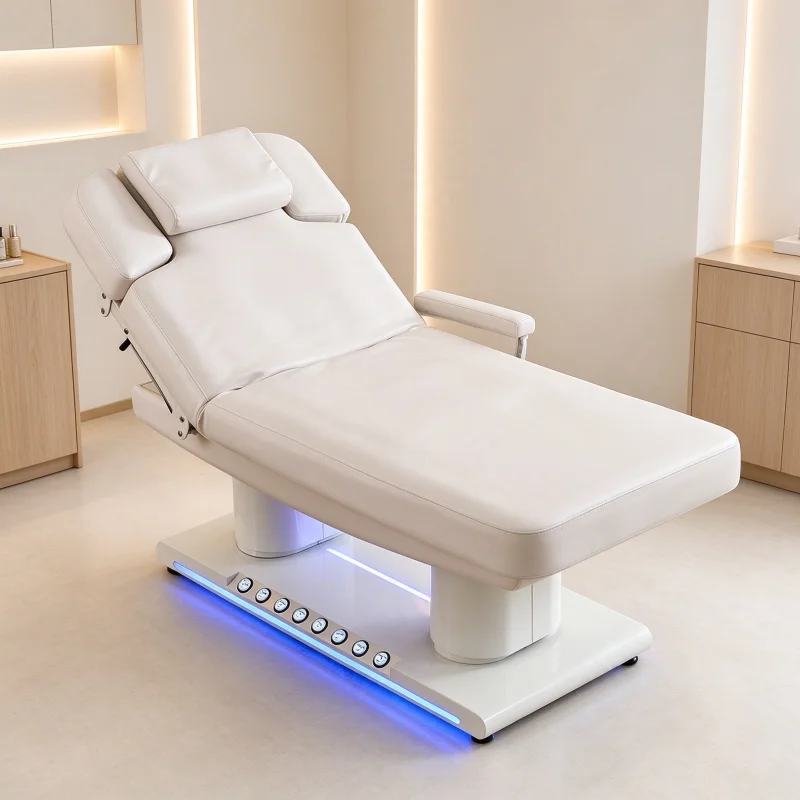 New Electric Massage Table Beauty Bed, 3‑Model Adjustable Salon Bed with Wire & Foot Control, High Rebound Sponge Ambient Light