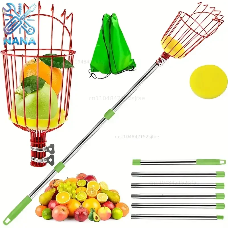 Garden Farm Stainless Steel Telescopic Rod Fruit Picker for Suitable for High Altitude Picking Fruit Catcher Detachable Handle