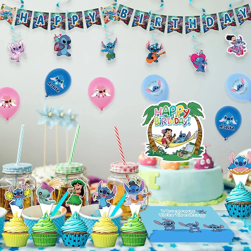 Stitch themed birthday party decoration Stitch letter flag pulling cake card inserting balloon plates set  decoration supplies