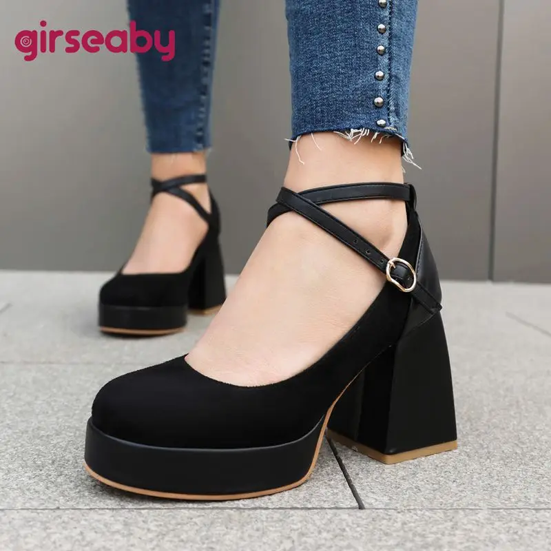 Girseaby Fashion Women Pumps 32 33 Round Toe Block Heels 9cm Flock Suede Ankle Buckle Strap Plus Size 44 45 Wedding Party Shoes