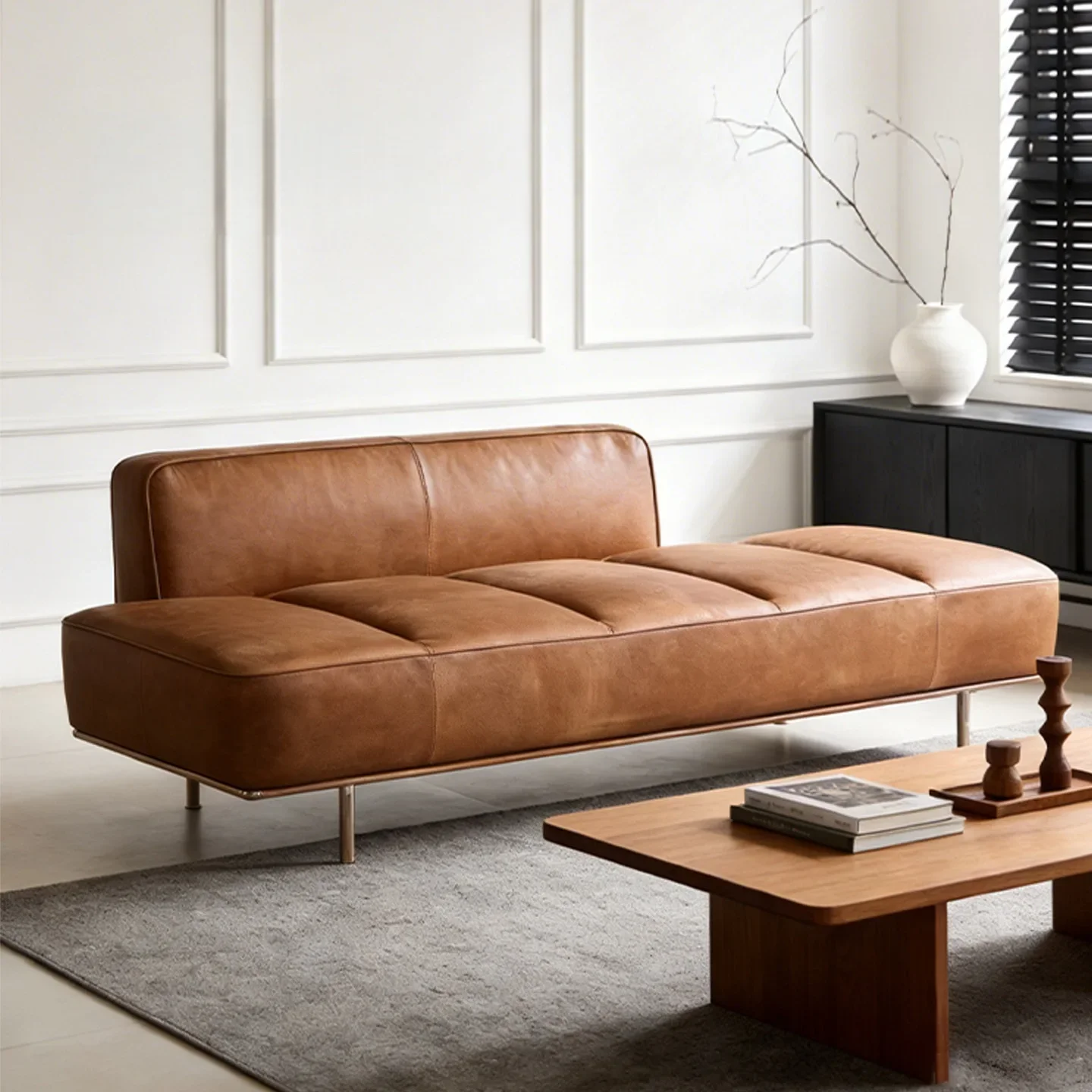 Retro oil wax leather sofa home living room straight row multi-person sofa hotel homestay meeting guests