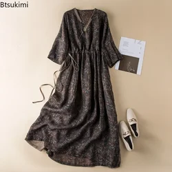 2024 New Women's Cotton Linen Dress Fashion V-neck Floral Print Vintage Lace-up A-Line Long Dresses Females Kimono Robe Vestidos