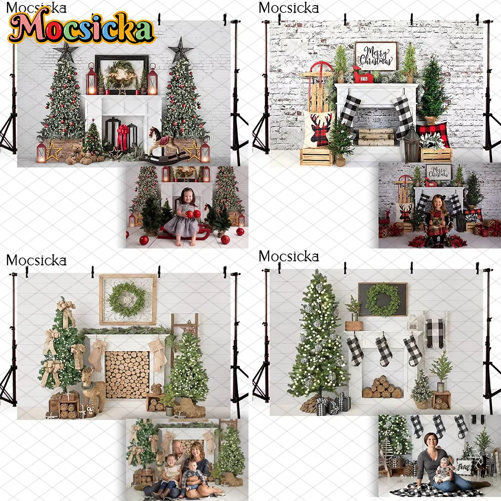 

Mocsicka Christmas Fireplace Backdrop Photography Xmas Tree White Brick Wall Decoration Kid Family Party Photo Studio Background