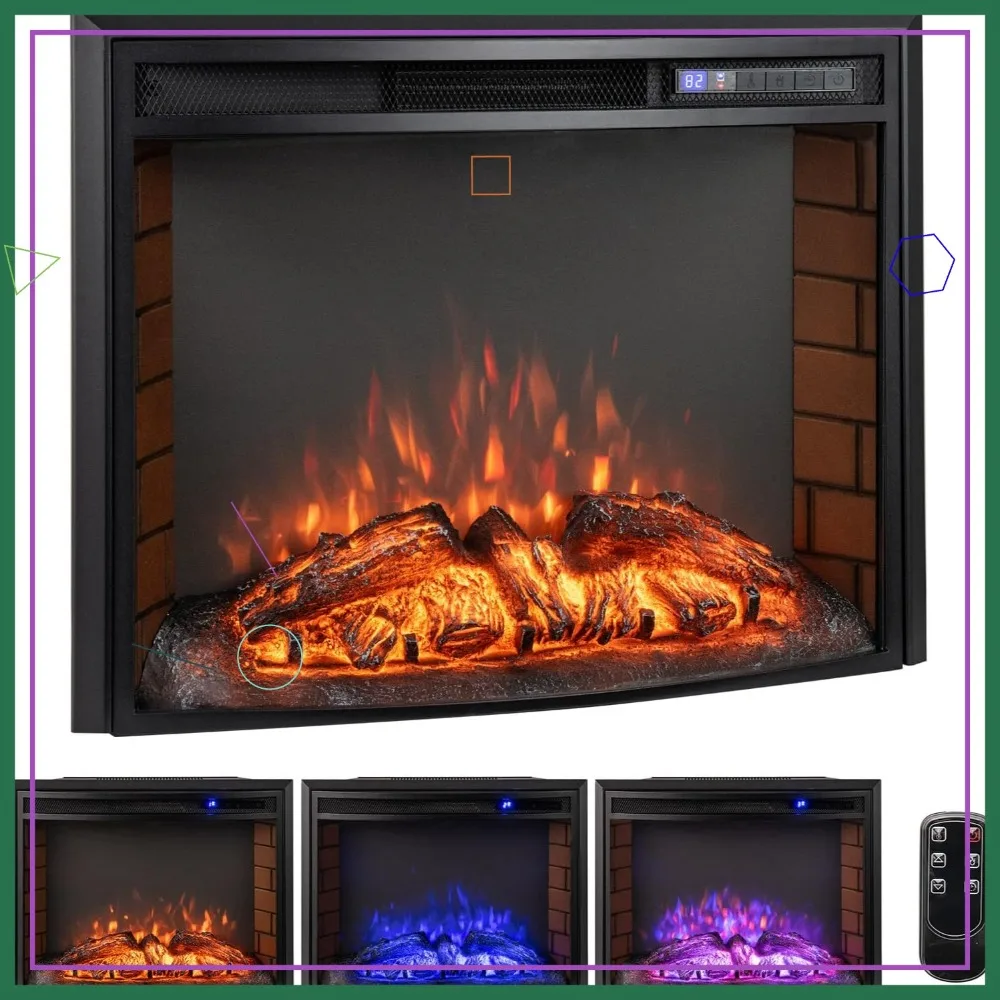 

26-дюймовая электрическая каминная вставка, утопленный обогреватель с дистанционным управлением, защитой от перегрева, таймером, регулируемым цветом пламени и яркостью
