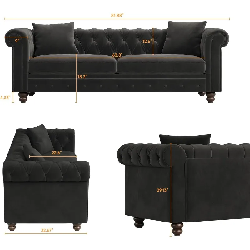 Chesterfield Sofa, 82 Inch Black Velvet Couch with Rolled Arms, Button Tufted Couch w/2 Throw Pillows, Comfy Pocket Springs