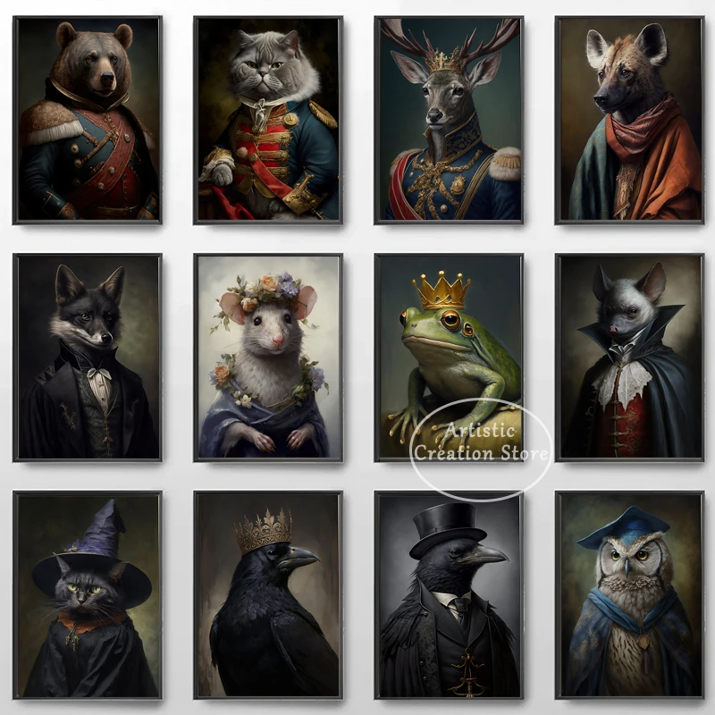 

Готический плакат с животными в платье, винтажный Романтический ворон, пара, темная академия, летучая мышь, темная лиса, холст, живопись, викторианское искусство, домашний декор