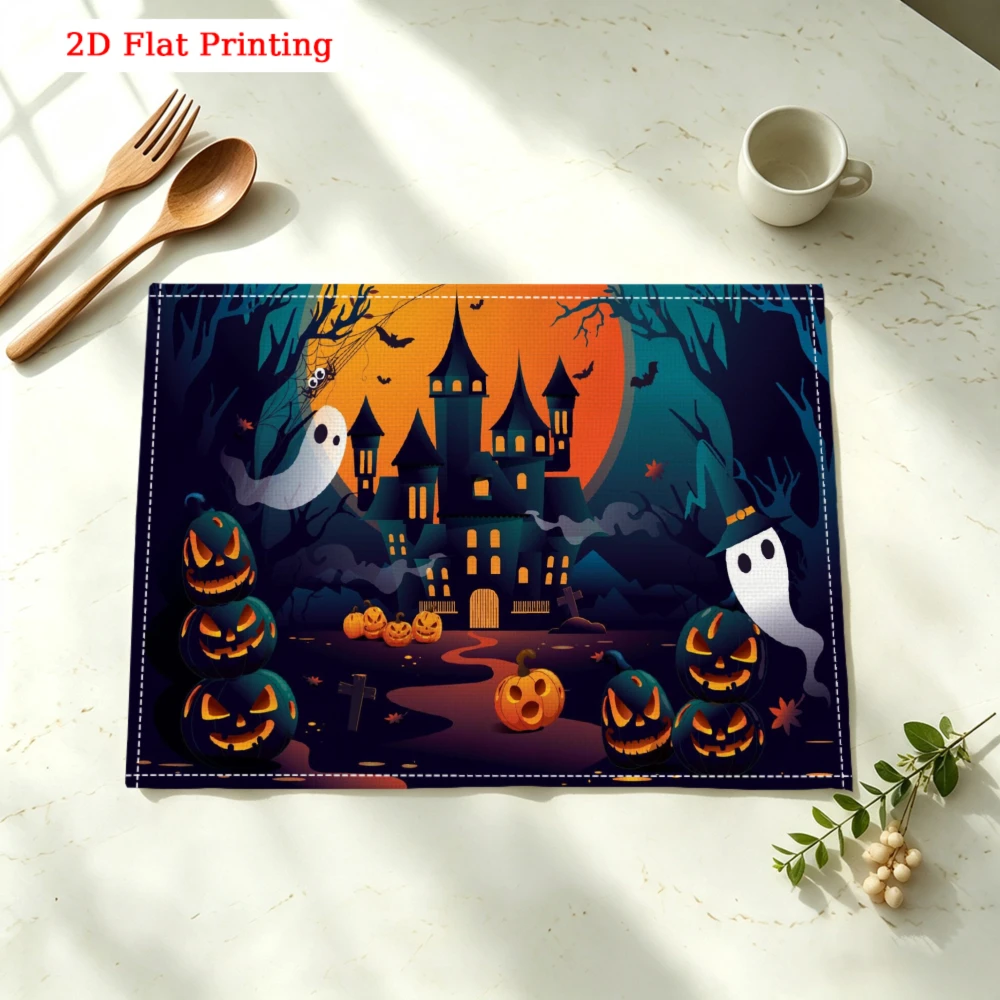 1Pc Halloween Style Placemat Multicolor Haunted Castle Pumpkin Ghost Print Table Mat Kitchen Dining Decor Protection 30X40Cm
