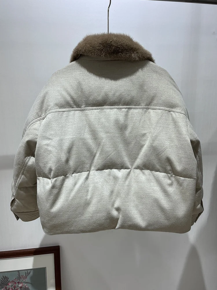 2025 المرأة شتاء دافئ أوزة أسفل سترة ريال فرو منك طوق الكشمير الصوف سترات قصيرة سترات منتفخة الإناث عادية #4