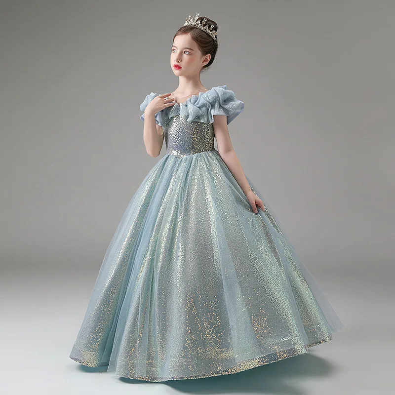 Little Girls Princess Party Gown Teen Girls Costume Cosplay Sparkle Sequin Ruffle Dress 4-13 Years Elegant Evening Forma Dresses