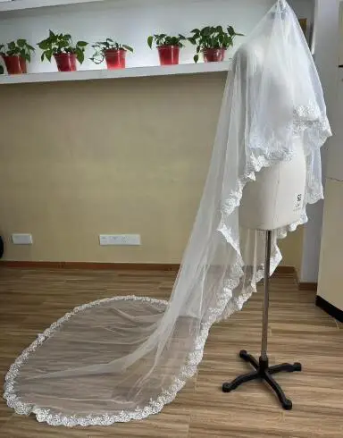 Single layer lace veil, ivory bride veil, powder blusher bride veil, white Cathedral wedding veil