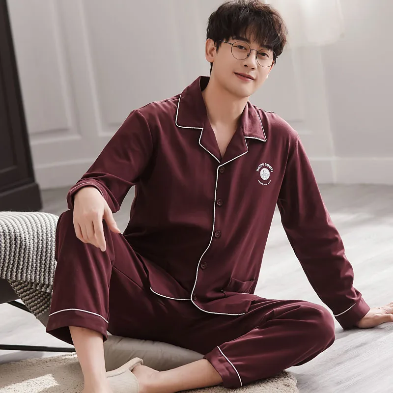 

Plus Size M-4XL Spring and Autumn Men Pajamas Set 100% Cotton Long Sleeve Sleepwear Male Turn-down Collar Pijama