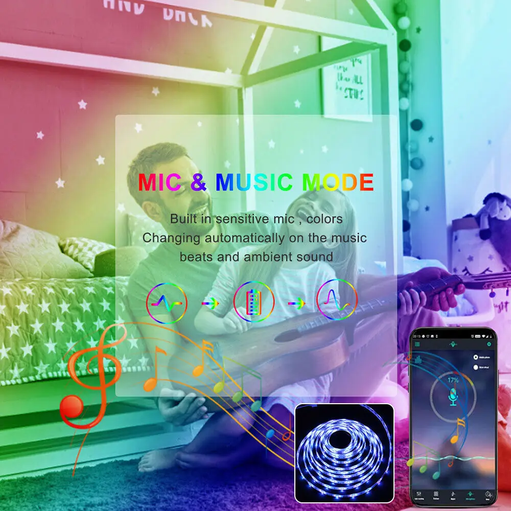 100ft 5050 Led Strip Lights RGB Music Sync Color Changing Bluetooth Smart Control Remote Flexible Tape Led Ribbon Room Lighting