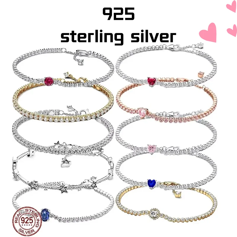 

Exquisite 925 Sterling Silver New Shiny Heart-shaped Stars All Zircon Tennis Bracelet Luxurious Charm Bracelet Holiday Gifts
