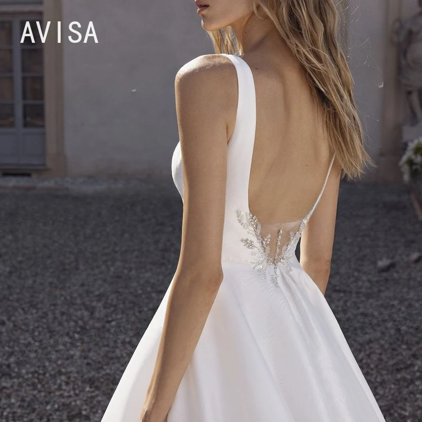 Vestido De Novia De satén para mujer, traje sencillo sin mangas, Sexy, con espalda descubierta y cuello Barco, Formal, para fiesta, 2024