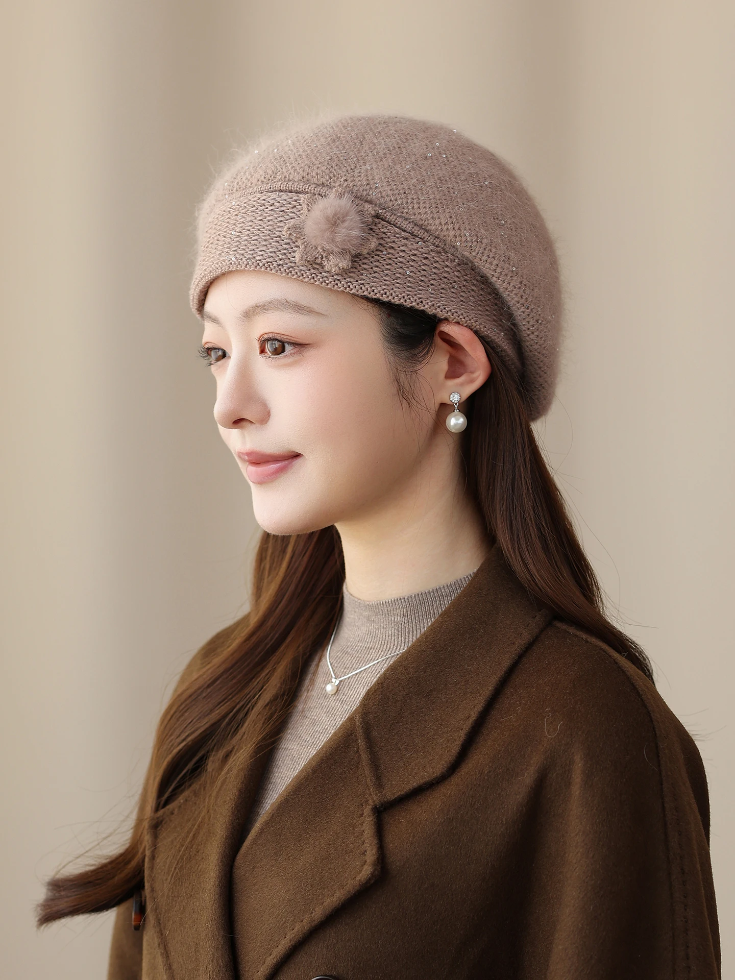 Thickened Knitted Rabbit Fur Beret Hat Winter Casual Style Women's Fashionable Ear Protection Hat Versatile Winter Cap