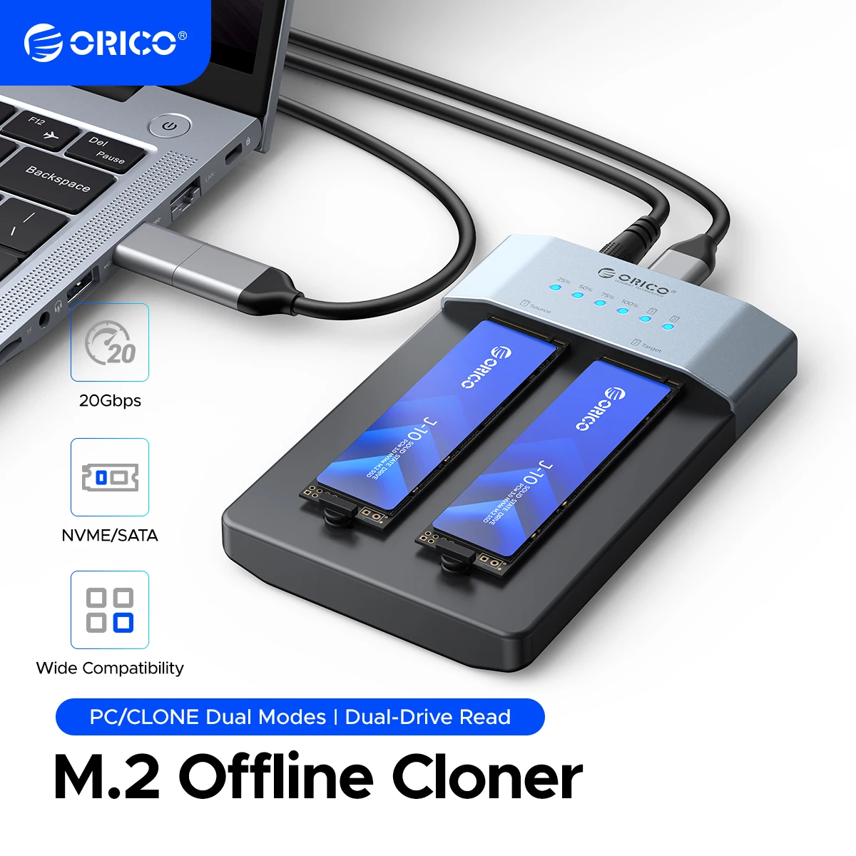 ORICO 20Gbps Dual Bay M.2 NVMe SATA SSD Cloner Enclosure Aluminum M.2 Duplicator Offline Clone USB3.2 Gen 2X2 Docking Station