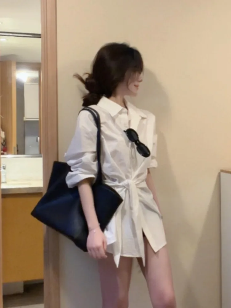 

White Collar Shirt Women's Long Sleeve Waist-Cinching Belt Design Korean Style Spring New Commute Shirt Breathable Skin-...