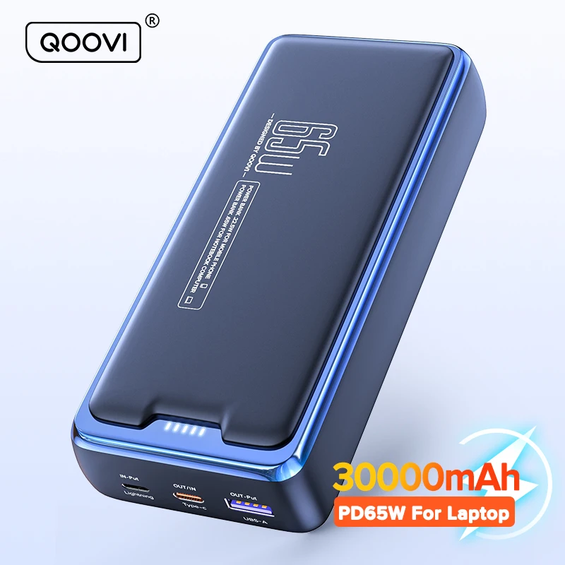 QOOVI Power Bank 30000mAh zewnętrzna pojemność baterii PD 65W szybko ładująca się przenośna ładowarka Powerbank do laptopa iPhone Samsung