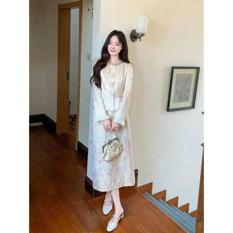 2026 New Spring Autumn New Chinese-style High-end Coat Skirt Temperament Commutingbelly Cover Set Female G0168 [Two-piece Set]