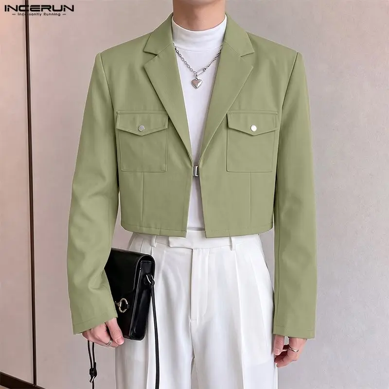 Men's Blazer Solid Color Lapel Long Sleeve One Button Streetwear Casual Male Suit Fashion Leisure Crop Blazer For Man INCERUN