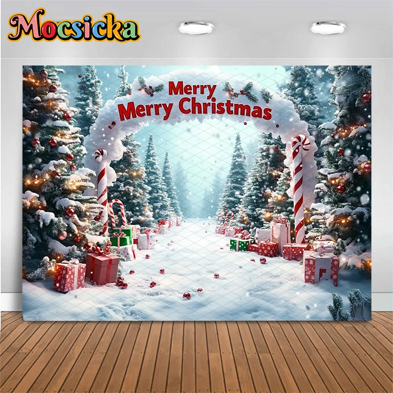 Mocsicka عيد ميلاد سعيد خلفية التصوير الفوتوغرافي اطلاق النار الدعائم شجرة عيد الميلاد غابة الثلج الهدايا زينة الأطفال الخلفيات راية