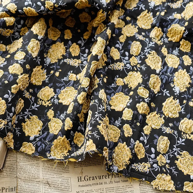 

Flower Embossed Bubble Black Gold Silk Yarn Dyed Jacquard Fabric for Women's Dress Luggage Diy Sewing Fabric