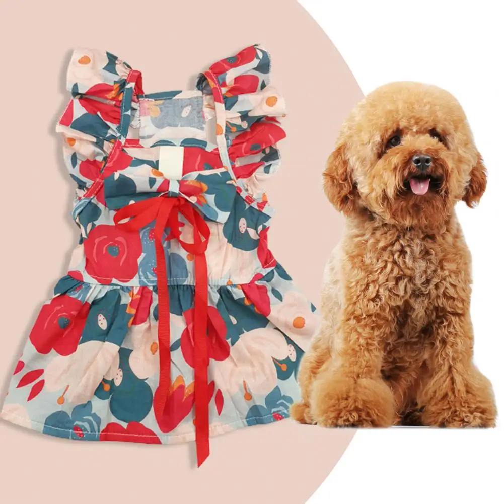 Charming Pet Dress Pet Dress with Fashion Flowers Pet Floral Princess Dress with Bow Tie Breathable Skirt for Small Dogs Cats