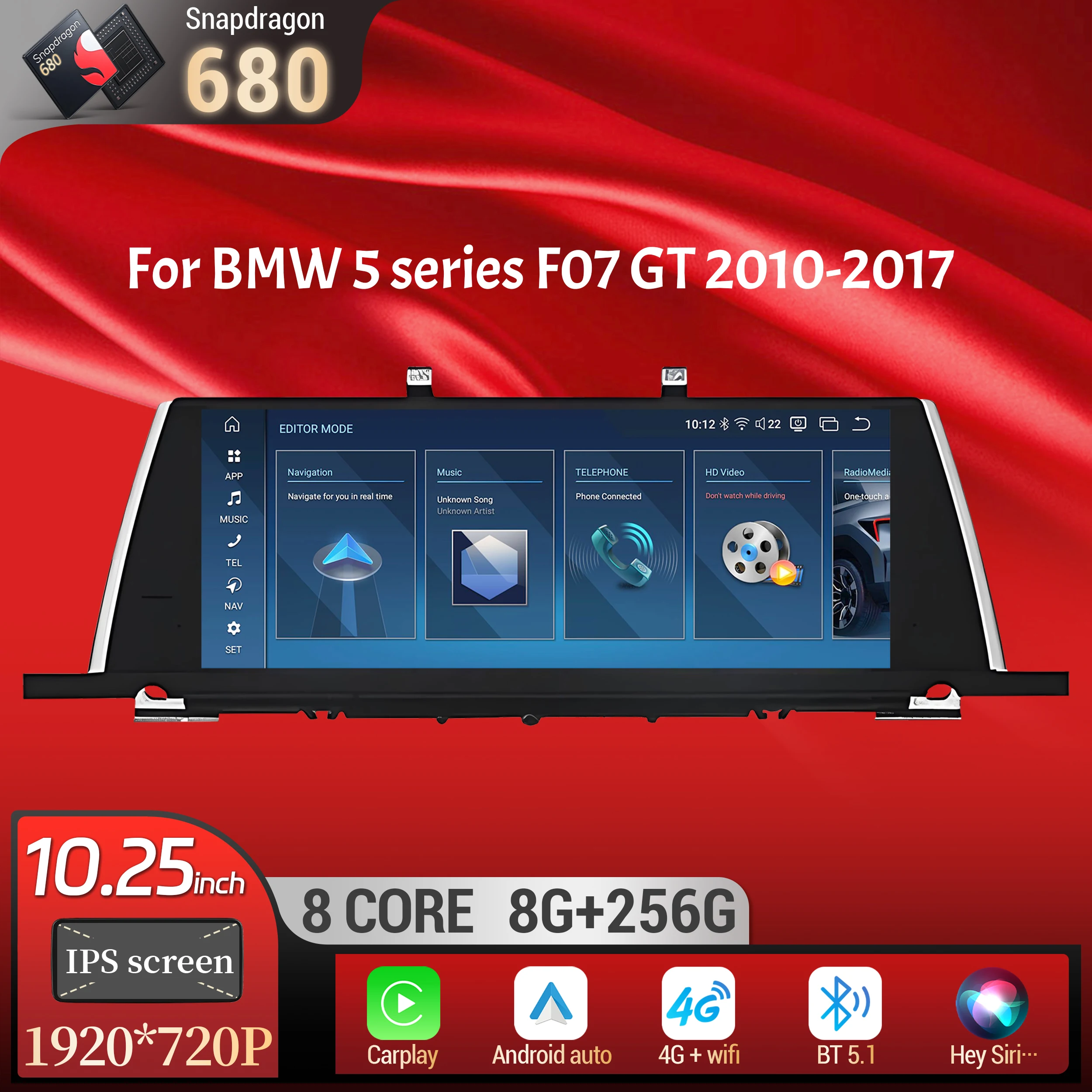 

10.25 inch Android 13 Car Radio For BMW 5 series F07 GT 2010-2017 GPS Wireless Bluetooth Carplay Snapdragon 680 Head Unit Screen