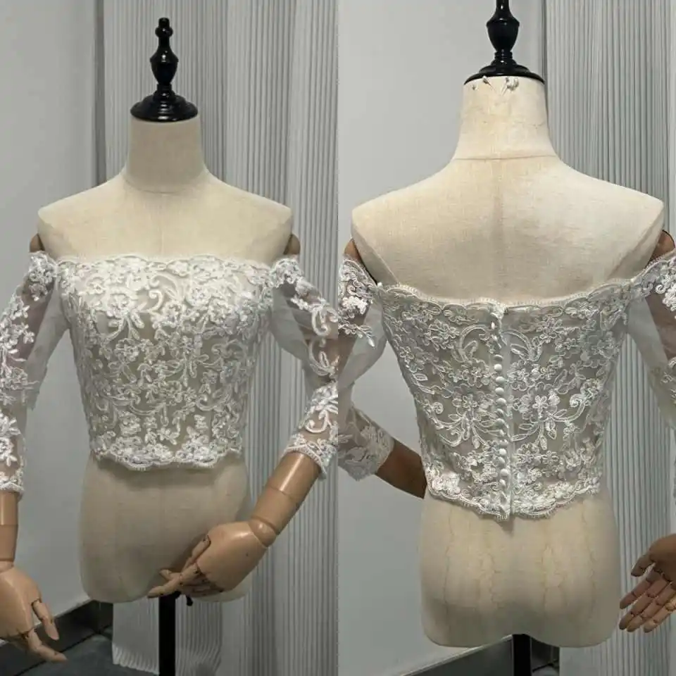 Exquisite Off Shoulder Lace Bridal Top Long Sleeve Applique Back Button Wedding Wrap For Bridal Ceremony Party Customized
