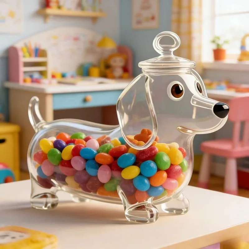 Creative dachshund-shaped glass sealed jar, transparent snack jar with lid, candy storage jar in children's room