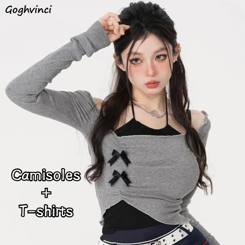 

Halter Camisoles Sets Women Ameican Style Hotsweet Slash Neck Chic Long Sleeve T-shirts Stylish Autumn Cute Female Tops 2 Pcs