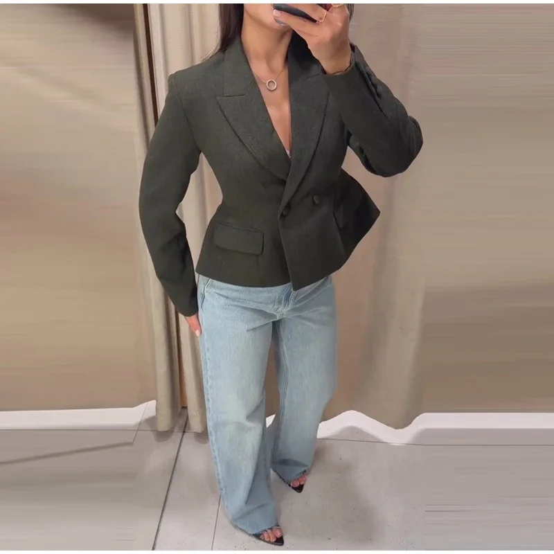 Damenmäntel mit Revers, tailliert, kurze Anzugjacke, Frühling Herbst, Büro-Damen, langärmelig, einfarbig, schmaler Schnitt, schicke neue Oberbekleidung – Detail 1