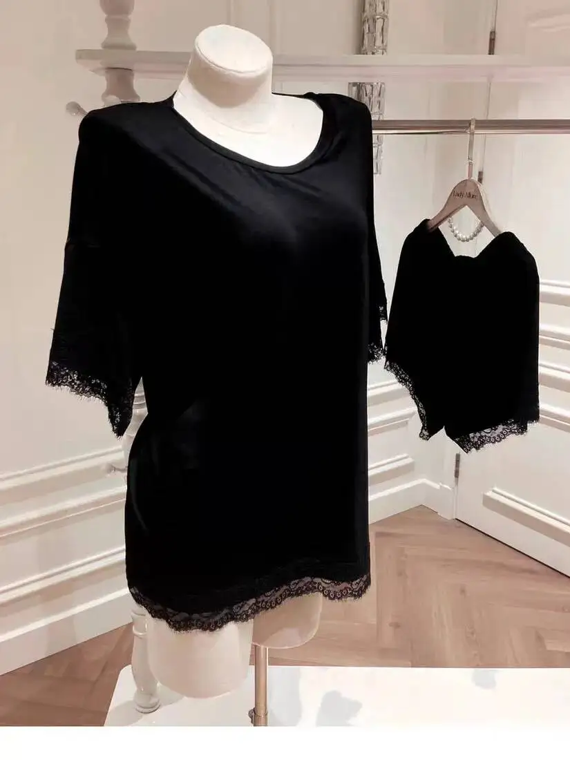 秋の新作パジャマ韓国版ルーズオフショルダーレース半袖Tシャツホットソリッドカラードレスチャーミングエレガント16TT