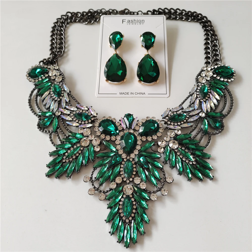 Boho Ethnic Multicolor Acrylic Leaf Choker Necklace Women Indian Statement Large Collar Crystal Necklace Earrings Jewelry Sets view 5