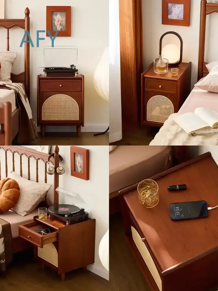Retro Solid Wood Rattan Woven Bedside Table for Small Spaces Narrow Living Room Storage Cabinet Bedroom Nightstand Furniture