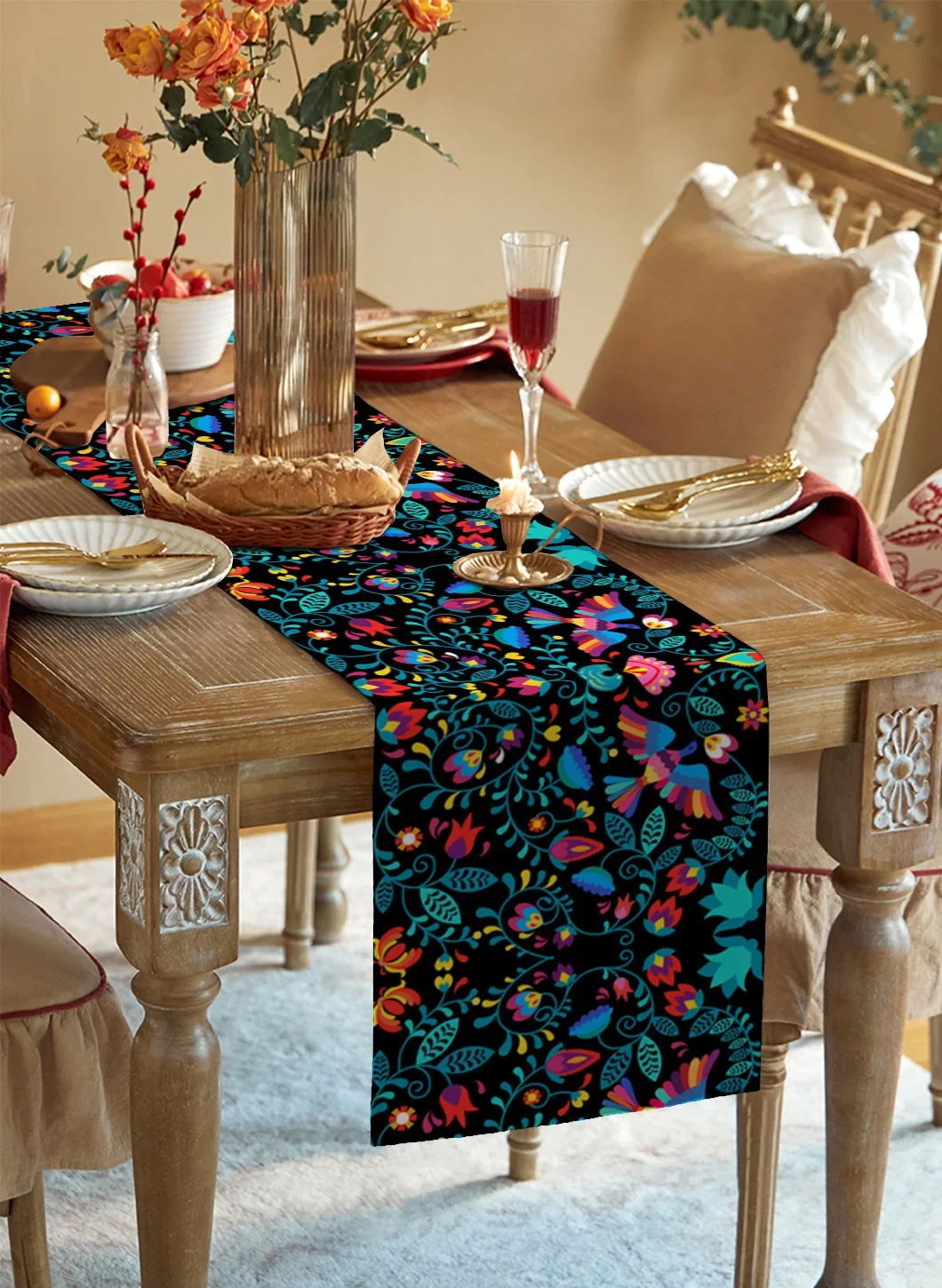 Mexican Day of The Dead Flowers Birds Table Runner Tabletop Decor Dia De Los Muertos Kitchen Dining Table Runner Party Decor