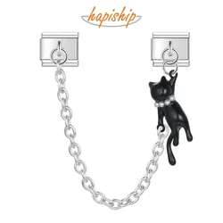 Hapiship 2024 New Women's Gift Fashion Cute Cat Chain Italian Charms Links Fit 9mm Stainless Steel Bracelet DIY Jewelry DJ1350