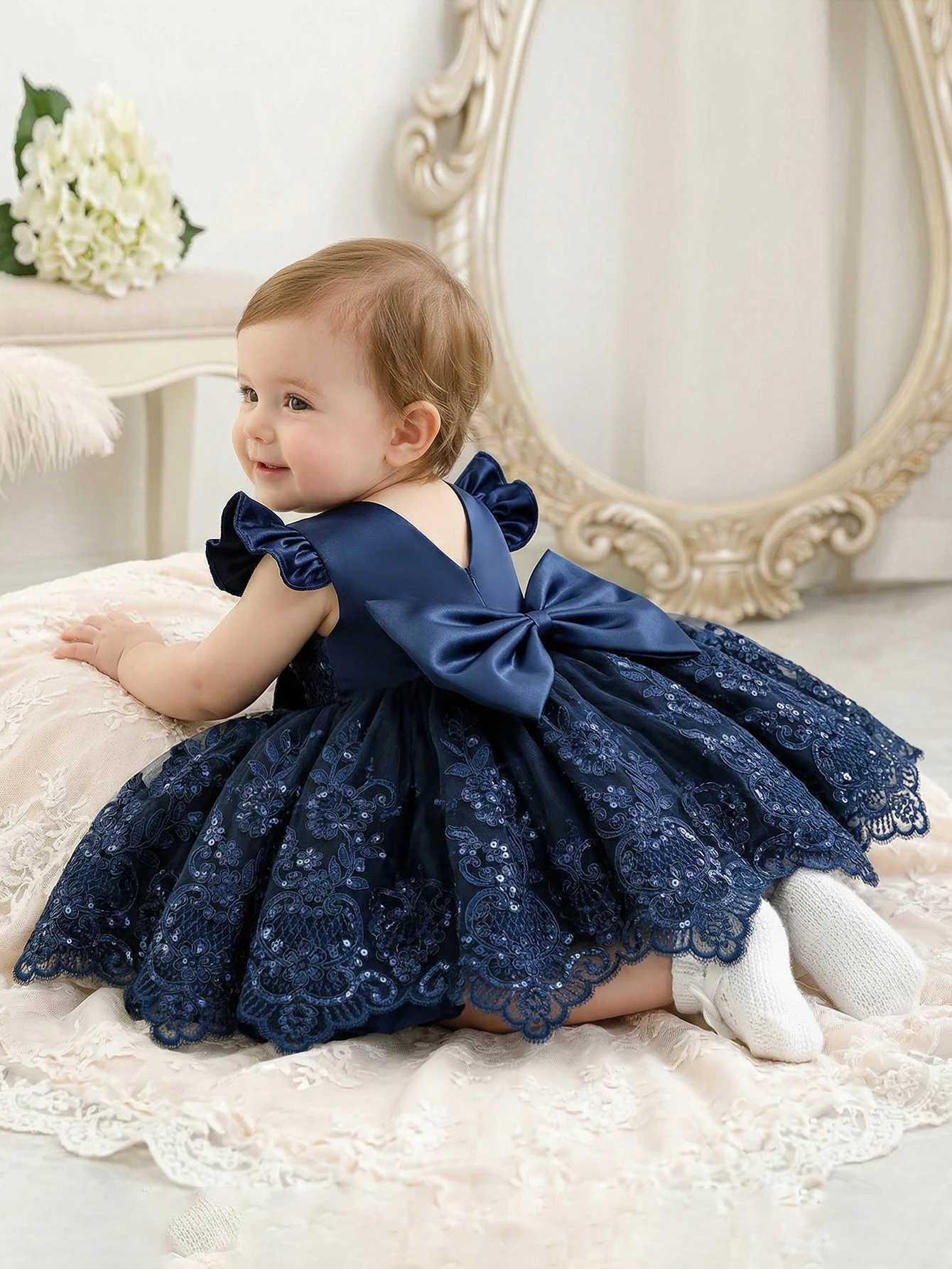 A Cute Simple Baby Girl Royal Blue Round-neck Sleeveless Detachable Three-dimensional Bow Dress, Birthday Party Formal Events