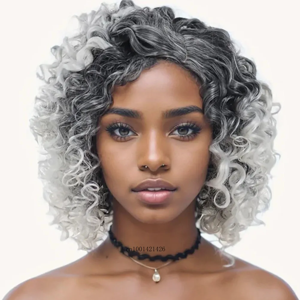 Pelucas sintéticas grises ombré para mujeres negras, peluca Afro corta con flequillo lateral, disfraz para mujer, peluca Cur de Color degradado, estilo brasileño