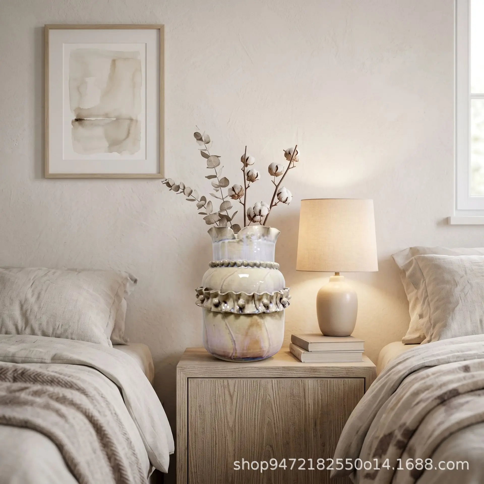 Off-white relief bead string ruffled special-shaped ceramic vase, modern art soft decoration